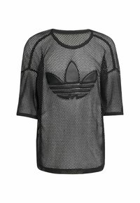Black mesh short-sleeve shirt featuring a textured rubber Adidas logo on the front. The shirt has a round neckline and a loose fit.