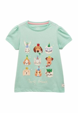 Tricou verde deschis pentru copii cu nouă fețe colorate de animale care poartă pălării de petrecere și coroane, textul „Paw-ty Animals” dedesubt.