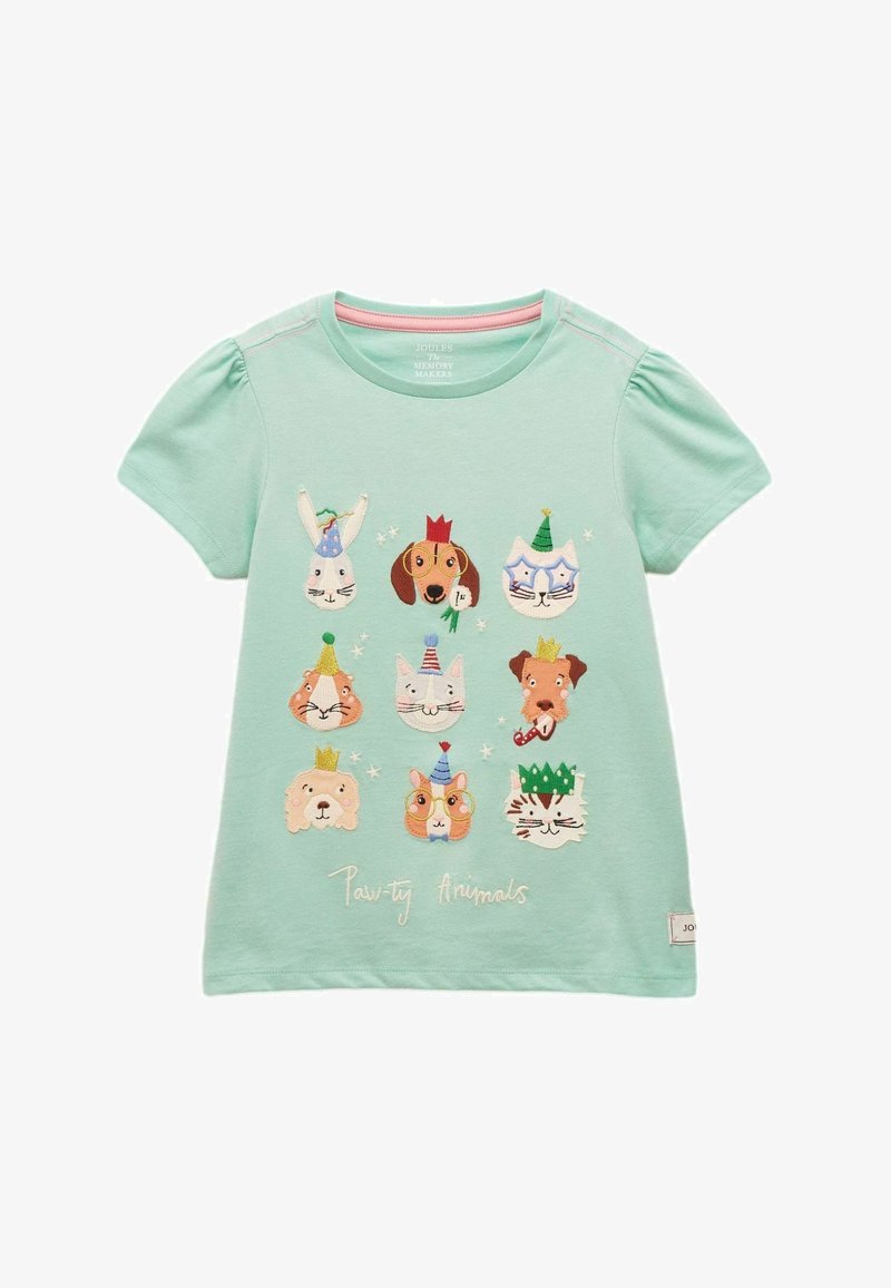 Hele-roheline laste T-särk, millel on üheksa värvikat loomade nägu, kes kannavad pidumütse ja kroone, all kiri "Paw-ty Animals".