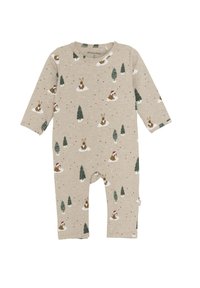 Body beige pour bébé à manches longues, avec un motif de lapins et de sapins. Fabriqué en tissu doux, il comprend des boutons-pression sur le bas.