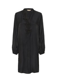 Svart långärmad skjortklänning i ett silkesliknande material, med v-ringning, blommig broderi fram och gathered manschetter.