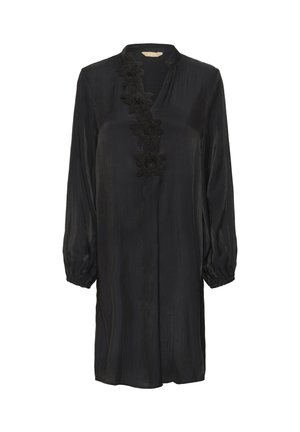 Schwarzes Langarmhemdkleid aus einem seidigen Material, mit V-Ausschnitt, floralen Stickereien entlang der Vorderseite und gerafften Manschetten.