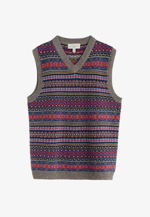 Gilet sans manches en tricot pour homme, avec des motifs géométriques multicolores et rayés aux teintes rouge, bleu, gris et beige.