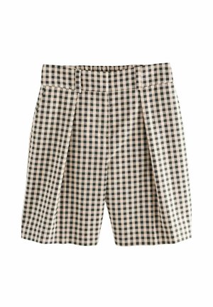 Šorts s gingham uzorkom, u bež i tamnozelenoj karo boji, s plisama sprijeda i čvrstim pojasom. Lagana tkanina.
