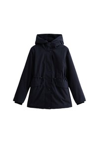 Navyblauwe waterdichte jas met capuchon, trekkoord in de taille en knoopsluiting. Heeft lange mouwen en elastische manchetten.