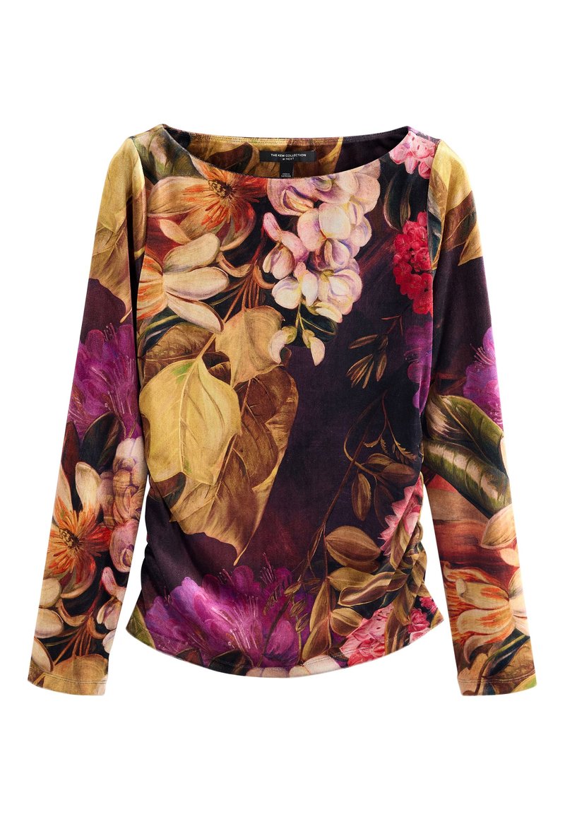 Langarmoberteil mit floralem Muster in Lila-, Rosa- und Gelbtönen, aus weichem Stoff gefertigt, mit einem drapierten Seitendesign.