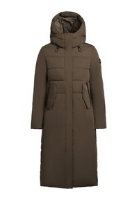 Gewatteerde bruine parka met een hoge kraag, capuchon, ritszakken aan de zijkant en een rechte snit. Soepele textuur met een ingetogen ontwerp.