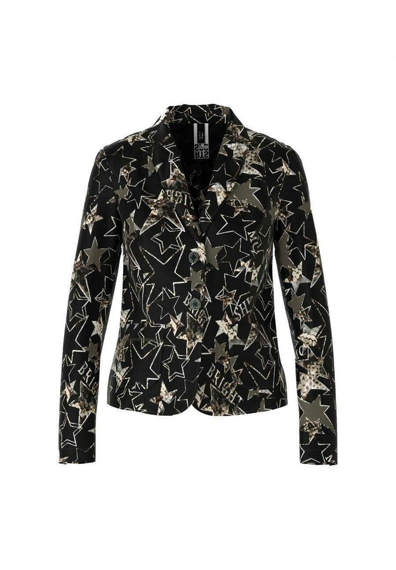 Czarna marynarka z wzorem gwiazdek w różnych kolorach, z akcentami tekstowymi. Zapięcie na dwa guziki i z klapami.