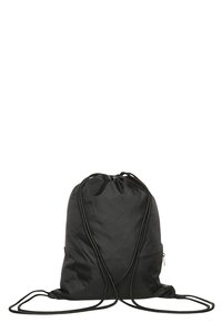 Černý batoh na stažení s boční kapsou na zip, stažený nahoře dlouhými tkanicemi položenými rovně vpředu.