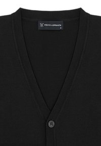 Czarny kardigan z dzianiny, z dekoltem w serek, pojedynczym zapięciem na guzik oraz metką z nazwą marki "Pako Lorente".