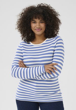 Striped long-sleeve shirt featuring thin blue and white horizontal lines, with a rounded neckline and a textured fabric visible in the sleeves.