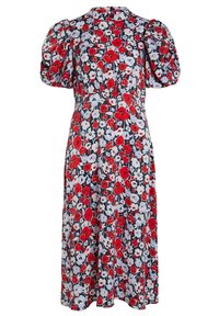 Robe midi florale sur fond sombre avec des fleurs rouges, blanches et bleues. Elle présente des manches bouffantes et une taille ajustée, confectionnée dans un tissu léger.