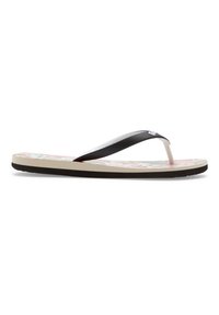 Infradito neri con logo bianco, dotate di una soletta con motivo floreale e una suola intermedia beige, contrastata da una suola nera.