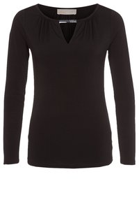 Top nero a maniche lunghe con scollatura rotonda e dettagli plissettati. Realizzato in un tessuto morbido e elasticizzato che offre una silhouette aderente.
