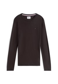 Black long-sleeve crew neck shirt with small Tommy Jeans logo on chest and branded collar detail.