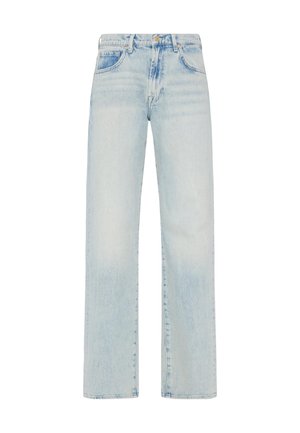 Jasnoniebieskie dżinsy, luźny krój, prosta nogawka, z wyblakłym wykończeniem, przednimi kieszeniami oraz zapięciem na suwak z metalowym guzikiem.