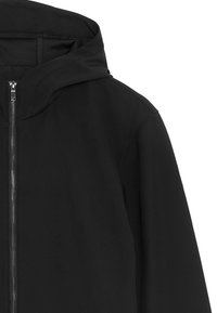 Veste noire avec capuche, dotée d'une fermeture éclair intégrale, d'une texture lisse et d'un design minimaliste. Le matériau semble léger et durable.