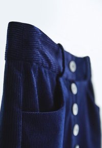 Pantalons en velours côtelé bleu marine avec taille haute, poche avant et cinq boutons ronds visibles sur un fond blanc.