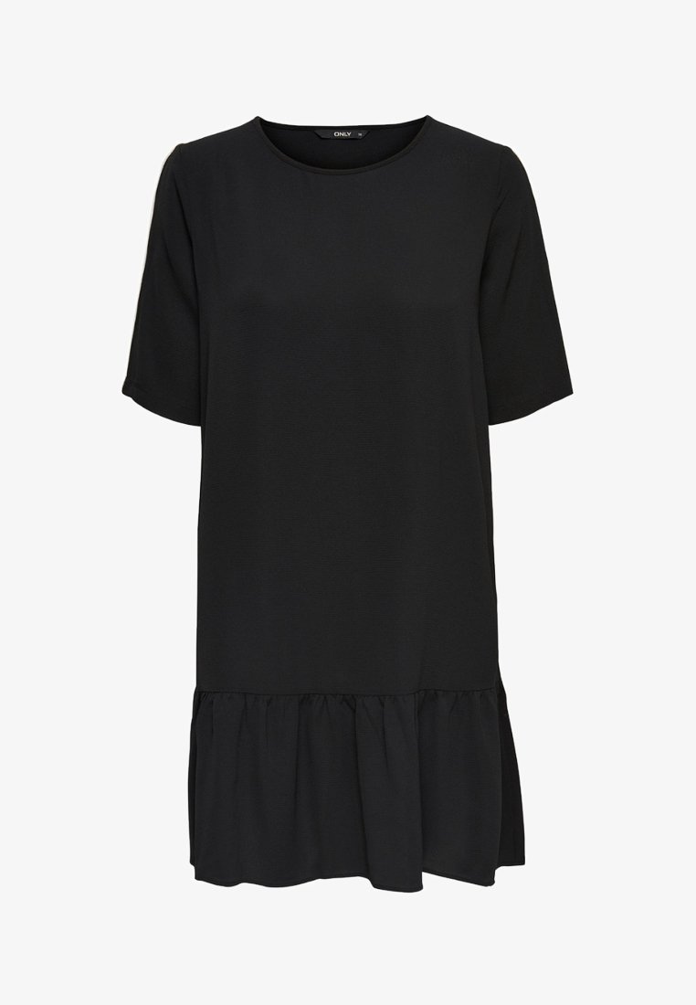 Robe noire à manches courtes avec encolure ronde et ourlet volanté, longueur genou, en tissu léger.