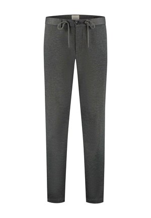 Sötétszürke nadrág, puha anyagból, húzózsinórral és gombos záródással. Slim fit és egyenes szárú dizájn. Sima textúra.