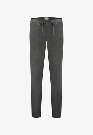 Donkergrijze broek van zachte stof, met een trekkoord in de taille en knoopsluiting. Slim fit en recht model. Soepele textuur.