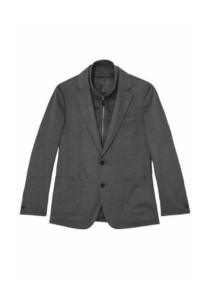 Grauer Blazer aus strukturiertem Stoff, mit Zwei-Knopf-Verschluss, notched Revers und zwei vorderen Taschen, mit einem eleganten, maßgeschneiderten Design.