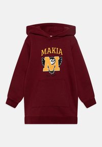 Bordo dukserica s kapuljačom i prednjim džepom, s žutim logotipom "MAKIA" i stiliziranim slovom "M" s motivom sove. Mekana tkanina, opušteni kroj.
