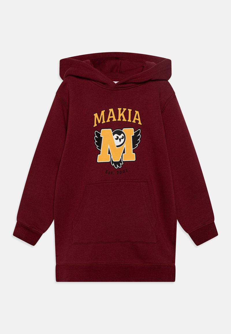 Bordo dukserica s kapuljačom i prednjim džepom, s žutim logotipom "MAKIA" i stiliziranim slovom "M" s motivom sove. Mekana tkanina, opušteni kroj.