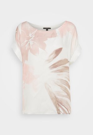 Kortärmad, lätt T-shirt i vitt med ett rosa blommigt och blads mönster. Har en rundad halsringning och avslappnad passform.