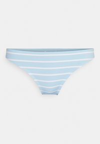 Parte de baixo de bikini azul claro com riscas horizontais brancas, feita de material elástico. Apresenta uma cintura de baixa altura e um design de cobertura mínima.