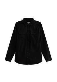 Camicia nera a maniche lunghe con bottoni, dotata di due tasche sul petto con bottone e colletto a punta, stesa su uno sfondo bianco.