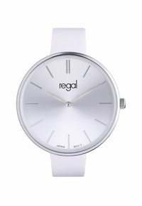 Witte siliconen horlogeband met een zilveren, geborsteld metalen ronde wijzerplaat. Voorzien van minimalistische uurmarkeringen en een strak merklogo.