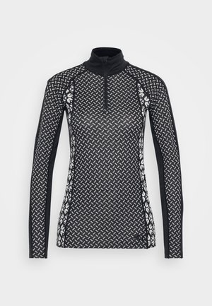 Črn športni dolg rokav s pol zadrgo, opremljen s teksturiranim vzorcem v beli barvi, kontrastnimi stranskimi paneli in lahkotnim materialom.