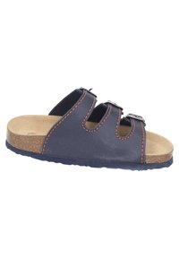 Navy leather slide sandal with three adjustable straps and orange stitching, featuring a cork footbed and textured rubber sole.