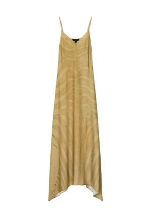 Μακρύ κίτρινο φόρεμα με λεπτές τιράντες και διακριτικό μοτίβο ζέβρας, με αέρινη ασύμμετρη ποδιά.