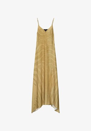 Long yellow slip dress with thin straps and subtle zebra stripe pattern, flowy asymmetrical hem.