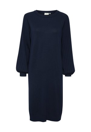Vestido de punto azul marino con cuello redondo, mangas largas abullonadas y textura acanalada, que llega hasta la altura de las rodillas.