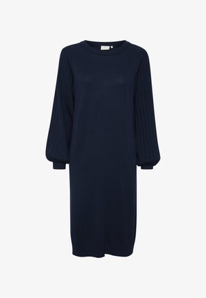 Jūras zils adīts kleitas ar apaļu kakla izgriezumu, garām pūkainām piedurknēm un ribotu tekstūru, kas sasniedz ceļus.