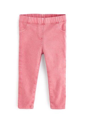 Leggings roses pour tout-petits avec ceinture élastique et fausses poches avant, en tissu doux et extensible, présentés sur fond blanc.