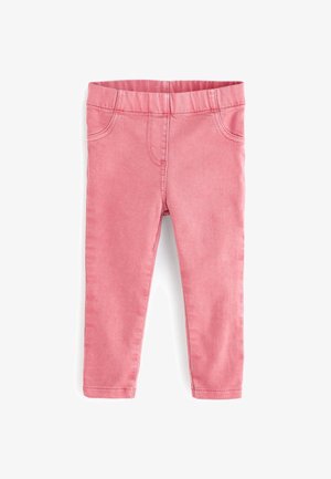 Rosa Leggings in Kleinkindgröße mit elastischem Bund und falschen Vordertaschen, aus weichem, dehnbarem Stoff, vor weißem Hintergrund gezeigt.