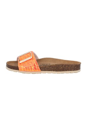 Slide sandal with a textured orange strap, metallic buckle, and a cork footbed. White rubber outsole features a wave pattern.
