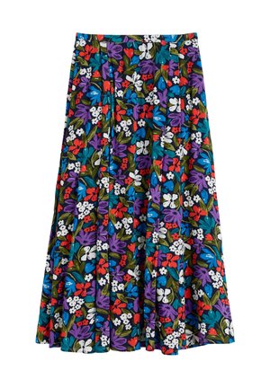 Kvetinová midi sukňa s plisovaným dizajnom a čiernym pozadím, zdobená živými červenými, modrými, bielymi a fialovými kvetmi.