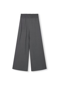 Pantaloni a gamba larga di colore grigio scuro con vita elastica arricciata, realizzati in un tessuto morbido, caratterizzati da un design pulito e minimalista senza tasche.