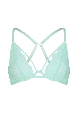 Soutien-gorge bralette en dentelle vert menthe avec fines bretelles réglables, bandes décoratives croisées et détail d’anneau au centre devant.