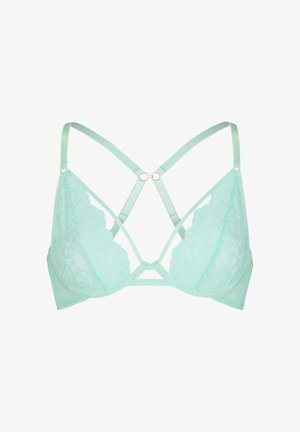 Soutien-gorge bralette en dentelle vert menthe avec fines bretelles réglables, bandes décoratives croisées et détail d’anneau au centre devant.