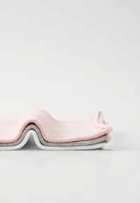 Multi-layered cloth stack in pink, gray, and white. Soft, smooth texture with rounded edges and stitched seams. Compact and folded design.