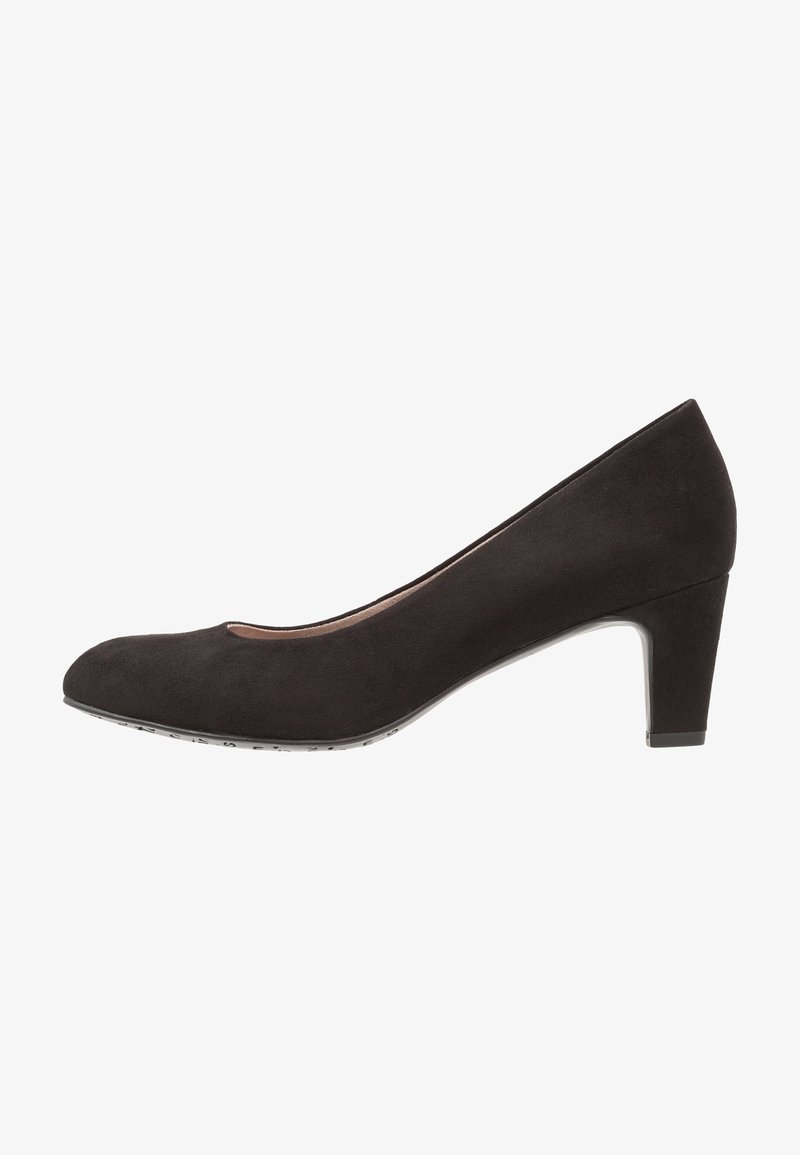 Escarpin pour femme en daim noir avec bout rond et talon bloc de hauteur moyenne, présenté en profil latéral sur fond blanc.