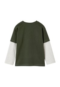 Grünes Baumwoll-Langarmshirt mit grauen Ärmeln, Rundhalsausschnitt und kontrastierenden Nähten. Einfaches Design, ohne Muster oder Verzierungen.