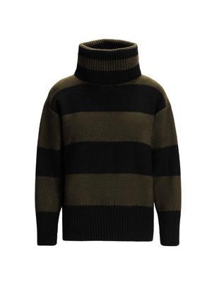 Pull à col roulé noir et olive à rayures, avec un col côtelé haut et un tricot texturé, des poignets et un ourlet côtelés.