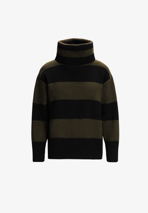 Schwarz und olivgrün gestreifter Rollkragenpullover mit hohem geripptem Kragen und strukturiertem Strick, mit gerippten Bündchen und Saum.